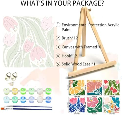 Canrichshop 6P Flowers Paint by Numbers Kit for Adults & Kids Ages 4+ Framed-with Wooden Easel,Easy DIY Flower Oil Painting on Canvas,Acrylic Paint by Number Beginner with Frame for Decor 8x8inch - Image 2