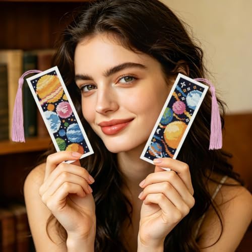 ACRNIGHEET 6PCS Cross Stitch Bookmark Kit for Beginner Stamped Cross Stitch Kits for Adults Planet DIY Tassel Embroidery Bookmark Kits Needlepoint Kit with Instructions Craft Gift 8.5''x3'' 11CT - Image 7