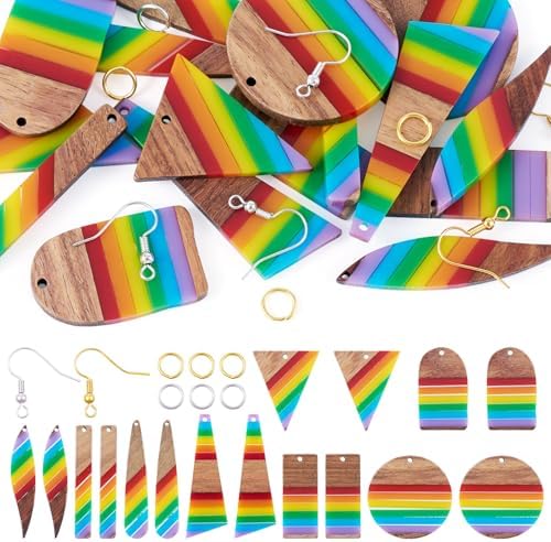 Elecrelive 8 Pairs Stripe Wood Earring Pendants Resin Wood Charms with Ear Hooks Triangle Rectangle Leaf Dangle Earring Making Starter Kit for Jewelry Craft Making by EEEELECRELIVE