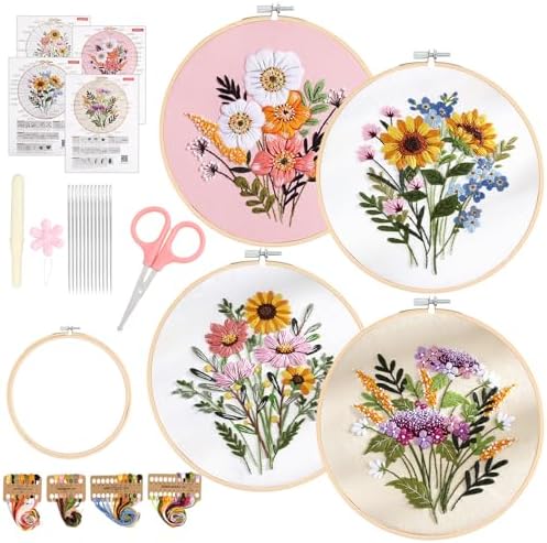 Sopoloray 4 Pack Embroidery Kit for Beginners Adults,Cross Stitch Kit with Floral Patterns,Complete Starter Set with Hoop,Pre-Printed Fabrics,Threads,Needles,Scissors,Hand Craft Lover Gift by Unknown