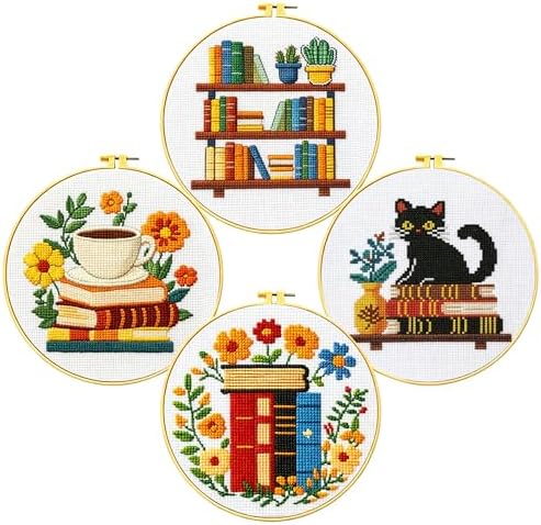Zhenqing 4 Themes Cross Stitch Kit Set - 11CT 9.45x9.45Inch, Coffee/Books/Cats/Floral Designs, DIY Embroidery Kit with Full Tools (Hoops, Scissors, Tassels) & Guide, Cozy Home Decor Gift(69601) by ZhenqingHomeFlagship