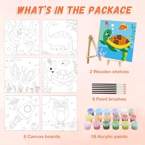 goldentime 6 Pack 8x8inch Paint by Numbers Kit for Kids, Predrawn Canvas for Painting with Unicorn, Butterfly & More, Includes 18 Acrylic Paints, 6 Brushes & Easels, Easy Art Supplies for Kids 4-8-12 - Image 2