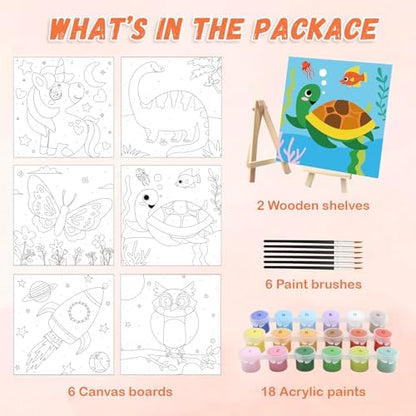 goldentime 6 Pack 8x8inch Paint by Numbers Kit for Kids, Predrawn Canvas for Painting with Unicorn, Butterfly & More, Includes 18 Acrylic Paints, 6 Brushes & Easels, Easy Art Supplies for Kids 4-8-12 - Image 2