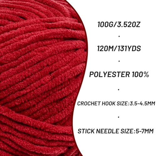 Plush Chunky Chenille Yarn for Crocheting, Soft Fluffy Velvet Yarn for Crocheting, Fuzzy Baby Blanket Knitting Yarns, 100g/131yds Bulky Amigurumi Yarns（Burgundy） - Image 2