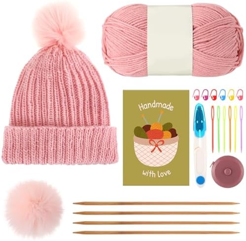 GliCraft Hat Knitting Kit for Beginners with Yarn Needles Pom,Dark Pink by GliCraft