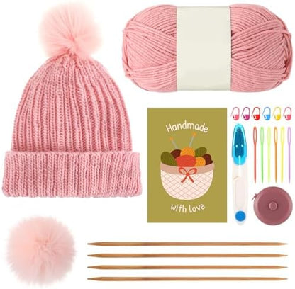 GliCraft Hat Knitting Kit for Beginners with Yarn Needles Pom,Dark Pink by GliCraft