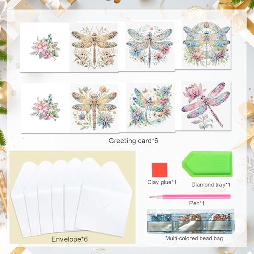 Tontut 6pcs 5D DIY Diamond Painting Kit Greeting Card,Diamond Handmade Greeting Card with Envelope, Holiday Gift Congratulations Colourful Dragonfly - Image 3