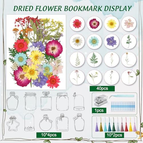 Large Size Bookmark Set, Pressed Flowers Bookmark Set, Bookmarks Making kit, Include Real Flowers Leaves, Cute Glass Bottle Shape, Handmade DIY with Tweezers Puncher Colorful Tassels - Image 2