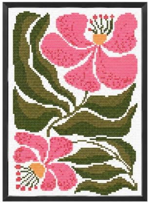 Pink Floral Cross Stitch Kit for Adults, Modern Botanical Embroidery Kit with Printed Pattern, DIY Needlepoint Kit, Beginner Embroidery Gift, Minimalist Flower Wall Art by Unknown