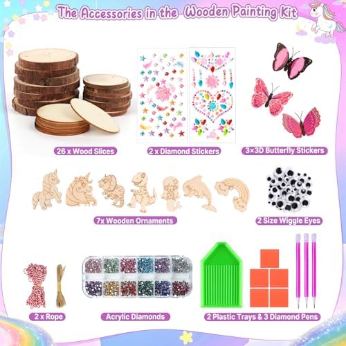 Sulataya Wooden Painting Kit, Wood Slices Craft Kit Gift Set with Assorted Gems & Diamond Painting Tools – Creative Art Activity Supplies for Adults Beginners - Image 2