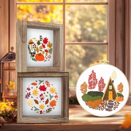 5 Sets Fall Embroidery Kit for Beginners Adults Embroidery Starter Kit Mushroom Maple Leaf Autumn Cross Stitch Kits Embroiderys Needlepoint Kits Include Instruction 2 Hoops Color Threads Needles - Image 5