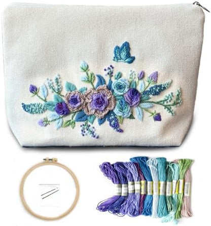 FONNUY Embroidery Kit Makeup Bag for Beginners, Flowers Pre-Stamped Pattern Handbag Coin Purses Making Kits for Adults with Hoop, Easy to Follow Color Thread Needlework (Blue) by FONNUY