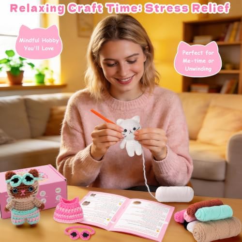Fortuning's JDS Crochet Kit for Beginners, Couple Cat Crochet Kit for Beginners Adults Kids, Crochet Cat Kit with Step-by-Step Video Tutorials, Creative Handmade Crochet Gifts for Cat Lovers - Image 5