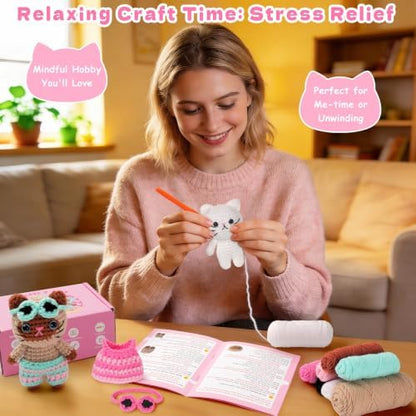 Fortuning's JDS Crochet Kit for Beginners, Couple Cat Crochet Kit for Beginners Adults Kids, Crochet Cat Kit with Step-by-Step Video Tutorials, Creative Handmade Crochet Gifts for Cat Lovers - Image 5