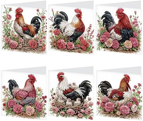 Tontut 6pcs5D Diamond Art Painting Greeting Card kit, Flower Laying Hen Rooster Adult DIY with Envelope, Special Shape Diamond Design Greeting Card Creative Gift by Tontut