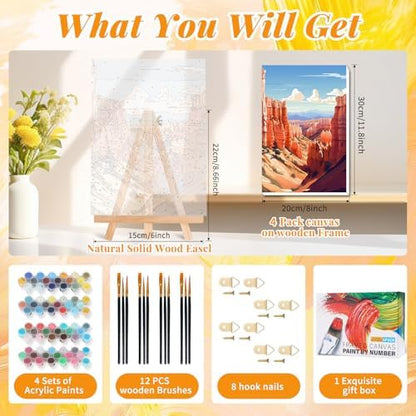 4 Pack Paint by Numbers Kit for Adults with Frame, National Parks Landscape DIY Painting Kit for Beginners, Mountain & Canyon Scenic Canvas Paint by Number Set for Nature Wall Decor, 8x12 Inch - Image 3