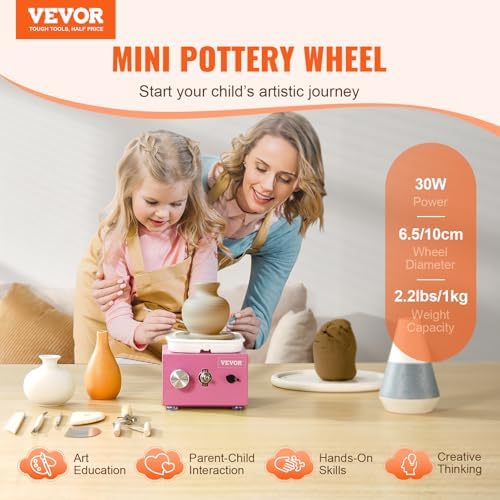 VEVOR Mini Pottery Wheel for Kids & Adults Beginners, 2 Turntables 2.6in/3.9in & Two-Way Rotation, Adjustable Speed, Complete Pottery Kit with 18 Accessories for Girls Birthday Christmas Gifts, Pink - Image 2