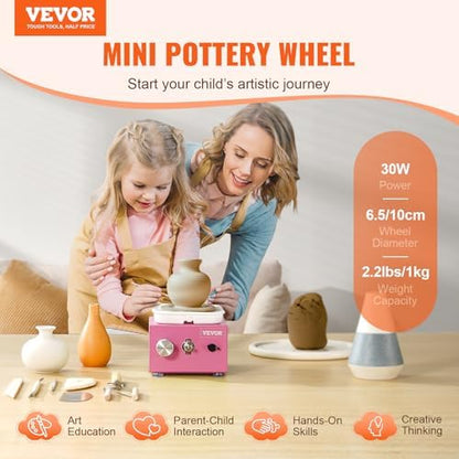 VEVOR Mini Pottery Wheel for Kids & Adults Beginners, 2 Turntables 2.6in/3.9in & Two-Way Rotation, Adjustable Speed, Complete Pottery Kit with 18 Accessories for Girls Birthday Christmas Gifts, Pink - Image 2