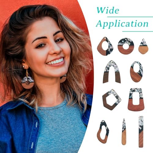 10 Pairs Wood Resin Pendants Vintage Resin Walnut Wood Charms Silver Sequins Charms Rectangle Oval Teardrop Wooden Dangle Earring Making Kit with Earring Hooks for Bohemian Jewelry - Image 5