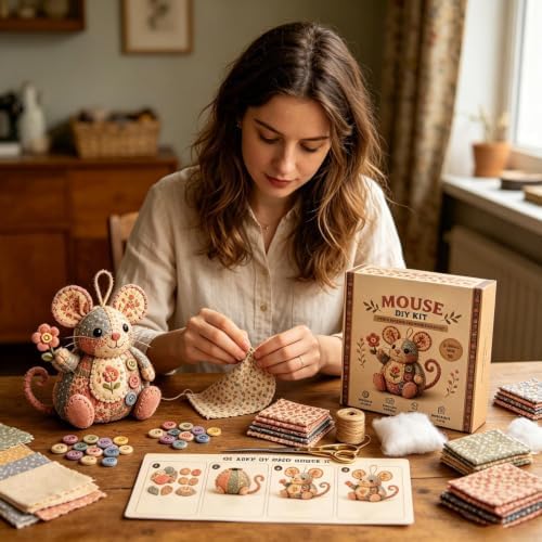 Embroidery Animal Kit with Buttons Fabric Mouse Home Decor - Image 3