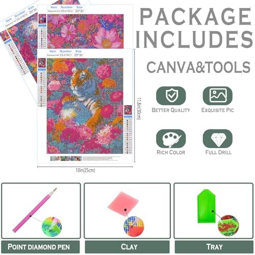sdfkmlcdl Trendy Retro Disco Ball Tiger Diamond Art Kits for Adults, Maximalist Pink Flower Tiger Full Drill Diamond Painting Kits for Adults Beginners 3 Pack, 9.8x11.8 Inch - Image 3