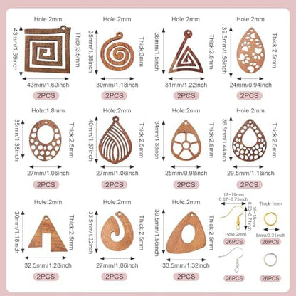 11 Pairs Wooden Dangle Earring Set Wooden Dangle Charms Teardrop Oval Rhombus Triangle Wood Earring Blanks with Hooks Unfinished Wood Pendants for Bohemian Jewelry - Image 4