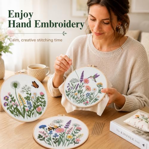 Nuberlic Embroidery Kit for Beginners, 3 Pack Floral Stamped Embroidery Starter Kit with Hoop, Pre Printed Flower Patterns, Threads, Needles and Step by Step Instructions, DIY Needlework Gift - Image 7