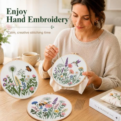 Nuberlic Embroidery Kit for Beginners, 3 Pack Floral Stamped Embroidery Starter Kit with Hoop, Pre Printed Flower Patterns, Threads, Needles and Step by Step Instructions, DIY Needlework Gift - Image 7