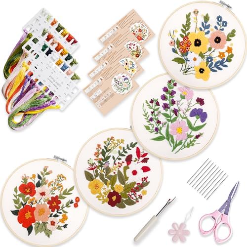 SevFan 4 Sets Embroidery Kit for Beginners Adults,Needlepoint Kits for Adults with Easy Stamped Floral Pattern Fabric Hand Crafts,Bamboo Hoop,Needle,Cloth,Embroidery Kit for Decor Home Room (flower-3) by Sevfan