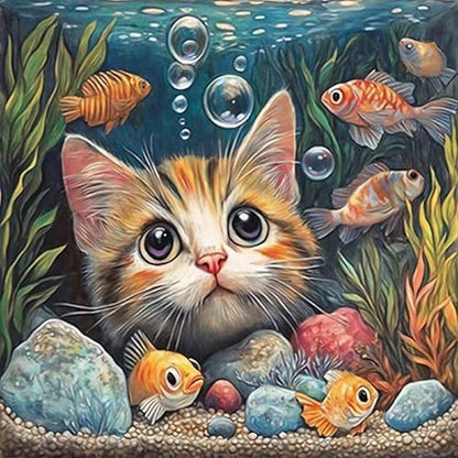 Cat Fish Funny Paint by Numbers Kit for Adults Framed Canvas Frameworkless by FairylandJinWenn