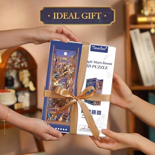 Tonecheer DIY Book Nook Kit for Adults,3D Wooden Puzzle Bookend Bookshelf Insert Library Decor, Booknook Miniature House Kit with Body Motion Sensor LED Light (Magic Stars Room) - Image 6