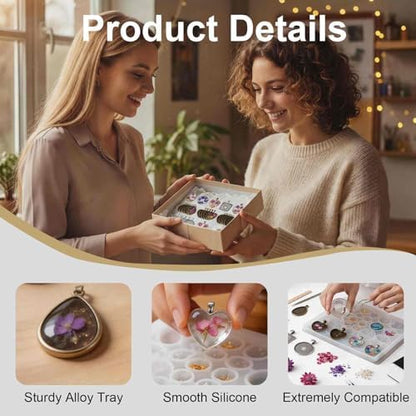 Resin Casting Mold Jewelry Making Kit with 30 Metal Pendant Trays and Silicone Mold, Heart Teardrop Round Oval Square Shapes for DIY Earrings Necklaces Bracelets Crafts Gifts - Image 3