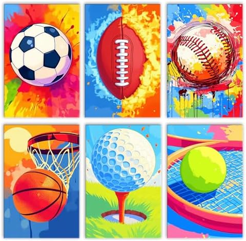 6 Pack Sports Paint by Numbers Kit for Adults Beginners 8x12 Inch, Basketball Football Paint by Number Kits on Canvas, Colorful DIY Acrylic Oil Number Painting Kits for Adults, Home Decor Gift by Tucocoo
