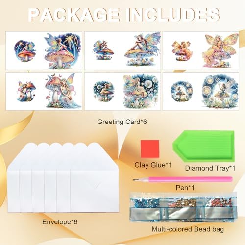 Tontut 6pcs Diamond Art Painting Kit Greeting Card, Genie on Mushroom 5D DIY Diamond Handmade Holiday Greeting Card with Envelope, Holiday Gift Congratulation - Image 3