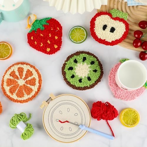 Justforjoyful 6 Set Punch Needle Embroidery Coasters Craft Kits Punch Needle Refrigerator Magnets Kit Tool Threader Fabric for Christmas Winter Beginners Adults DIY Handmade Gifts Party(Fruit) - Image 5