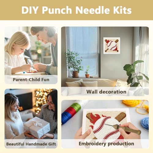 DOODLREAM White Baseball DIY Punch Needle Embroidery Kit for Adult Beginner, 9.4" Baseball Bat Sport Punch Stitching Craft Set for Starter with Frame,Fabric Pattern,Threader, Yarn, Pinch Needle - Image 4