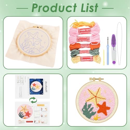 ERKOON Punch Needle Kit Adults Beginners, DIY Easy Sea Animals Embroidery Set for Starter Art Craft, Needling Punch Project with Patterns, Tools, Yarns, Hoop, Instruction (Starfish) - Image 2