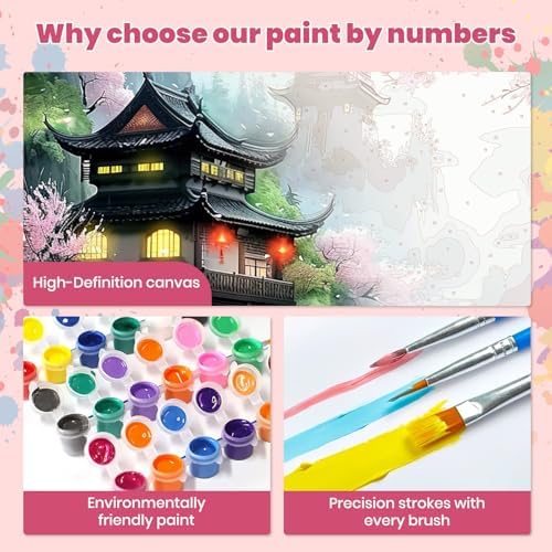 Beautiful Landscape Temple Paint by Numbers Kits for Adults, Paint by Number Beginner, Cherry Blossom, Canvas Painting by Numbers for Adults, Easy Oil Painting Kits for Gifts Home Decor 16x20 Inch - Image 4