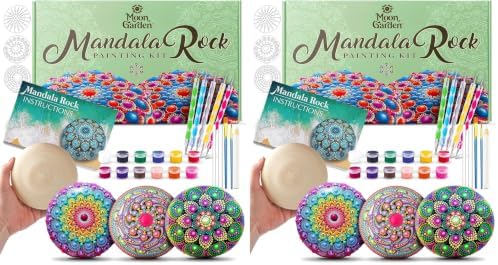Moon Garden Mandala Rock Painting Kit - Mandala Dotting Tools Kit - Large Wooden Rocks for Painting, Stencils, Acrylic Paints, Dotting Tools for Rocks - Dot Art Kit for Adults & Kids (Pack of 2) by Moon+Garden