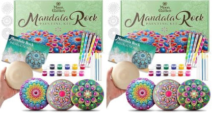 Moon Garden Mandala Rock Painting Kit - Mandala Dotting Tools Kit - Large Wooden Rocks for Painting, Stencils, Acrylic Paints, Dotting Tools for Rocks - Dot Art Kit for Adults & Kids (Pack of 2) by Moon+Garden