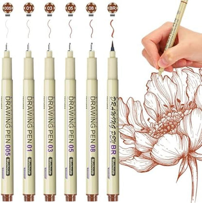 Muchcute Micro Fineliner Drawing Art Pens: 6 Sepia Artist Supplies Adults by Muchcute