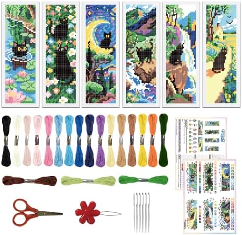 ORIGACH 6 Set Black Cat & Landscape Cross Stitch Bookmark Kit for Beginner by ORIGACH