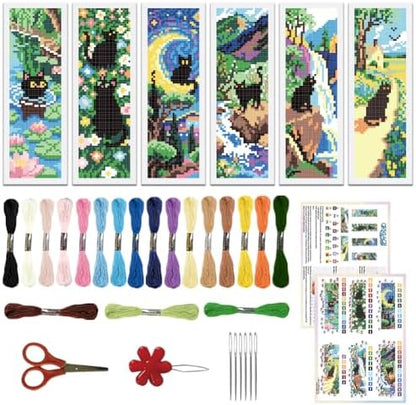 ORIGACH 6 Set Black Cat & Landscape Cross Stitch Bookmark Kit for Beginner by ORIGACH