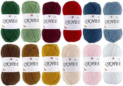 Yarn for Crocheting and Knitting 12 * 1.76 Oz (50G) /195yd,Fine/Fingering Weight (1),Cotton 60% Acrylic40%,Soft Yarn kit for Making Granny Squares and amigurumi (Christmas Color) by QKHEE