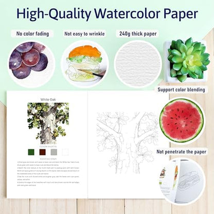CraftyManor Watercolor Workbook Creative Fruit Water color Paint Book Set with Paints & Brush, 12 Patterns of Original DIY Designs, Beginner-Friendly Adult Coloring Books (Tree) - Image 4