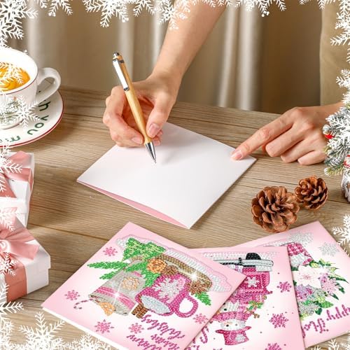 Saillong 12 Pack Pink Winter Diamond Painting Greeting Card Kits Winter Diamond Art Cards with Envelopes Snowman 5D Rhinestones Painting Making Kits for Adults DIY Craft Family Friend Holiday Gifts - Image 7