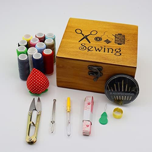 Flytreal Sewing Kit Small Box Basket, Wooden Hand Home Sewing Repair Tool Kit, Beginner Universal Sew Kit Accessories for Women, Men, Adults, Girls, Kids - Image 2