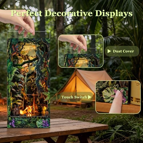 fifijoy Jungle Adventure DIY Book Nook Kit - 3D Wooden Puzzle Dollhouse Miniature House with LED Lights and Sound Effects, Jungle Explorer Bookshelf Insert Decor, Creative Gift for Adults and Teens - Image 4