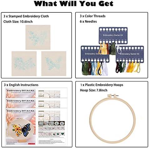 GLTAYLMY 3 Pack Embroidery Kits with Butterfly Pattern for Beginner Adults,Cross Stitch Kits with 1 Plastic Embroidery Hoops,Needles and Color Threads,Needlepoint Kit for Adults - Image 3