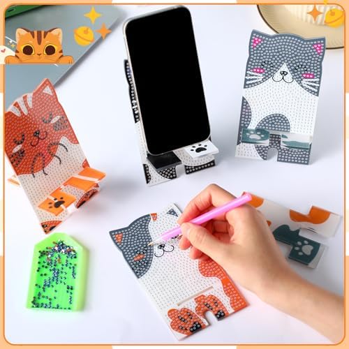 Saillong 4 Pcs Cat Diamond Art Phone Stand, 5.5" Full Drill Holder - Image 2